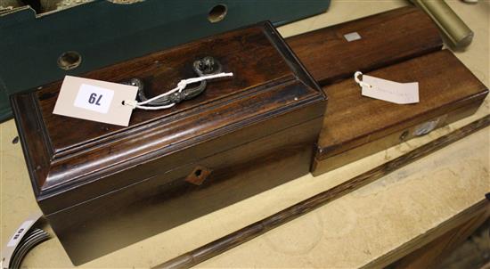 George III mahogany tea caddy and two glove boxes